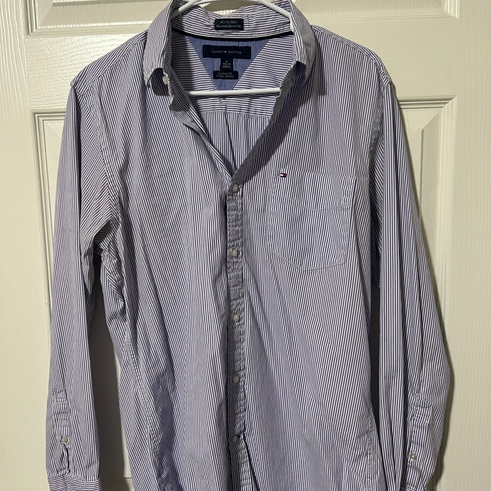 Tommy Hilfiger Men's Purple and White Pencil Striped Shirt